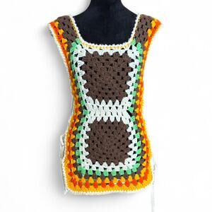 70s Vintage Granny Square Crochet Tunic – Boho Hippie Festival Top M